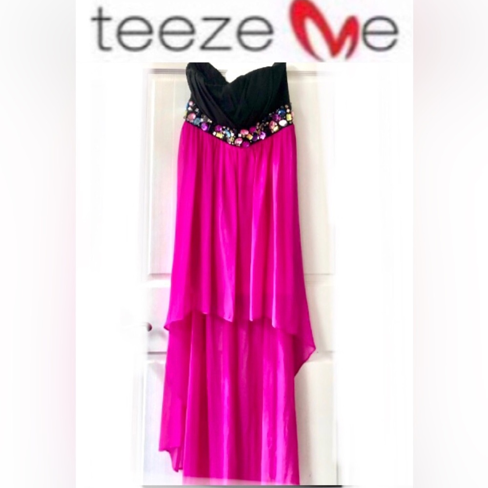 TEEZE ME strapless bejeweled black/pink high/low party dress SIZE 13  NWOT